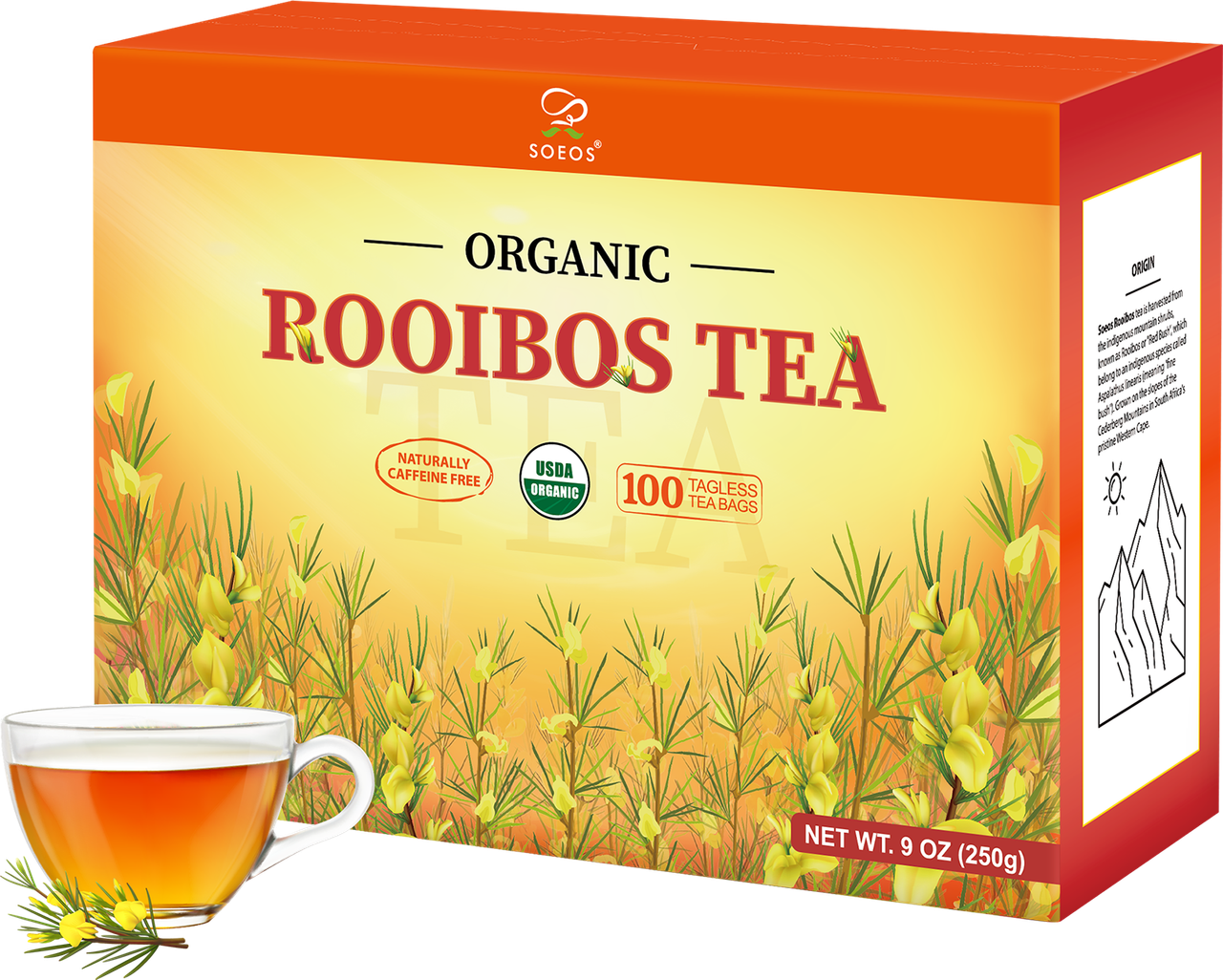 Soeos Organic Rooibos Tea 9oz (250g), USDA Organic, 100 Rooibos Tea Bags, Natural Herbal Tea, Caffeine Free