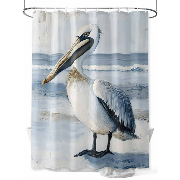White Pelican Shower Curtain, Coastal Bird Ocean Wave Beach Animal Waterproof Shower Curtain Set with 12 Hooks Lightweight Washable Fabric Shower Curtains for Bathroom 36x72 Inches