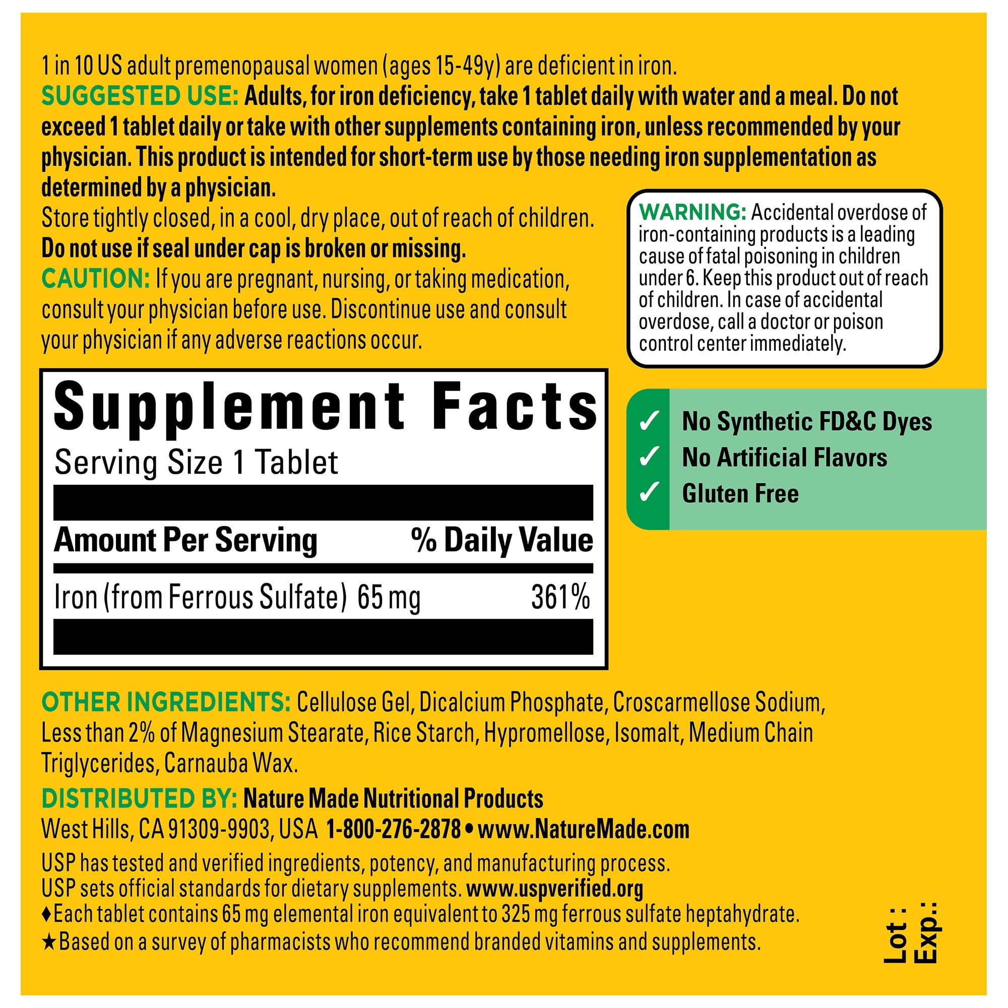 Nature Made Iron 65 mg (325 mg Ferrous Sulfate) Tablets, Dietary Supplement, 180 Tablets