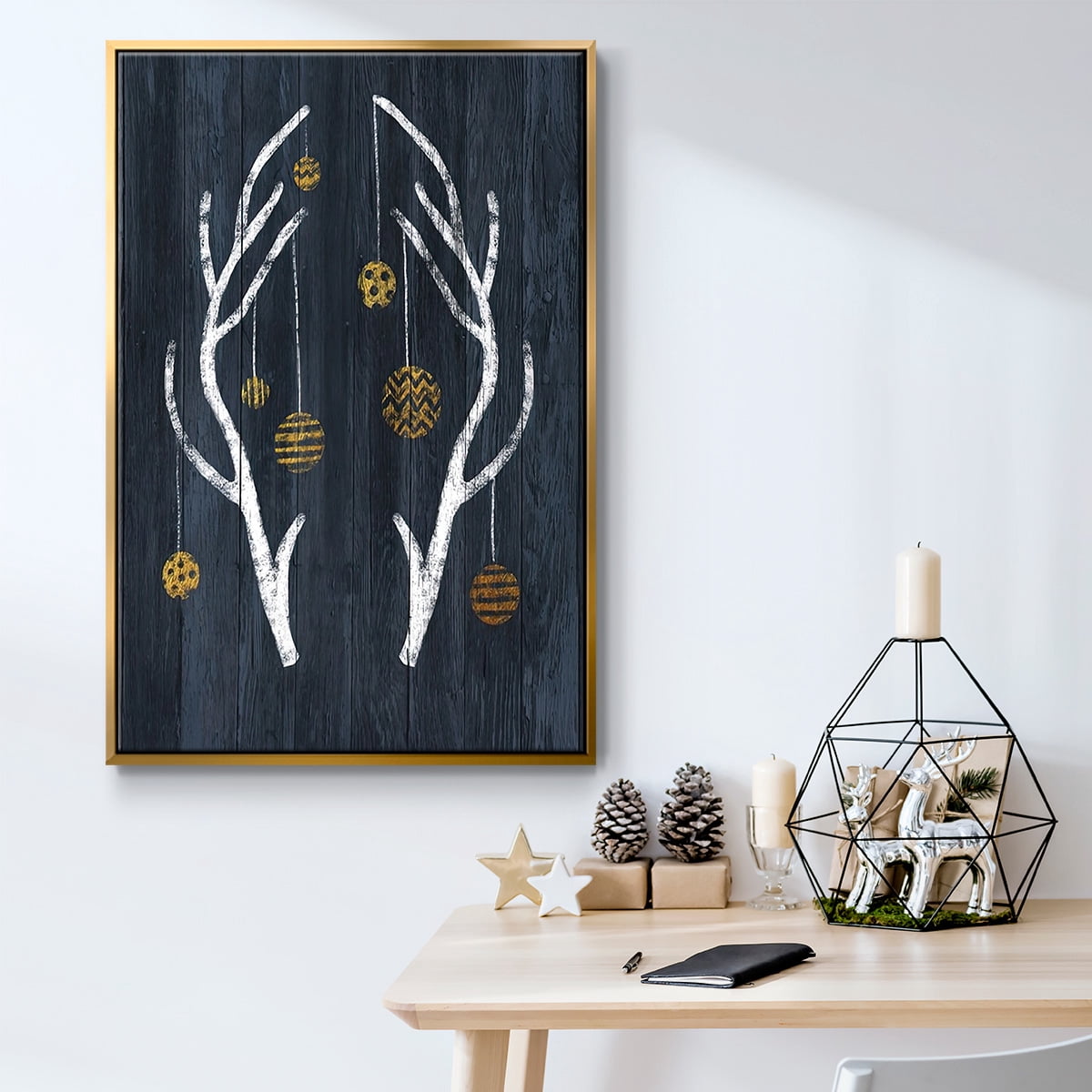 Antlers & Ornaments - Framed Gallery Wrapped Holiday Canvas - 25 x 37 - Gold Frame
