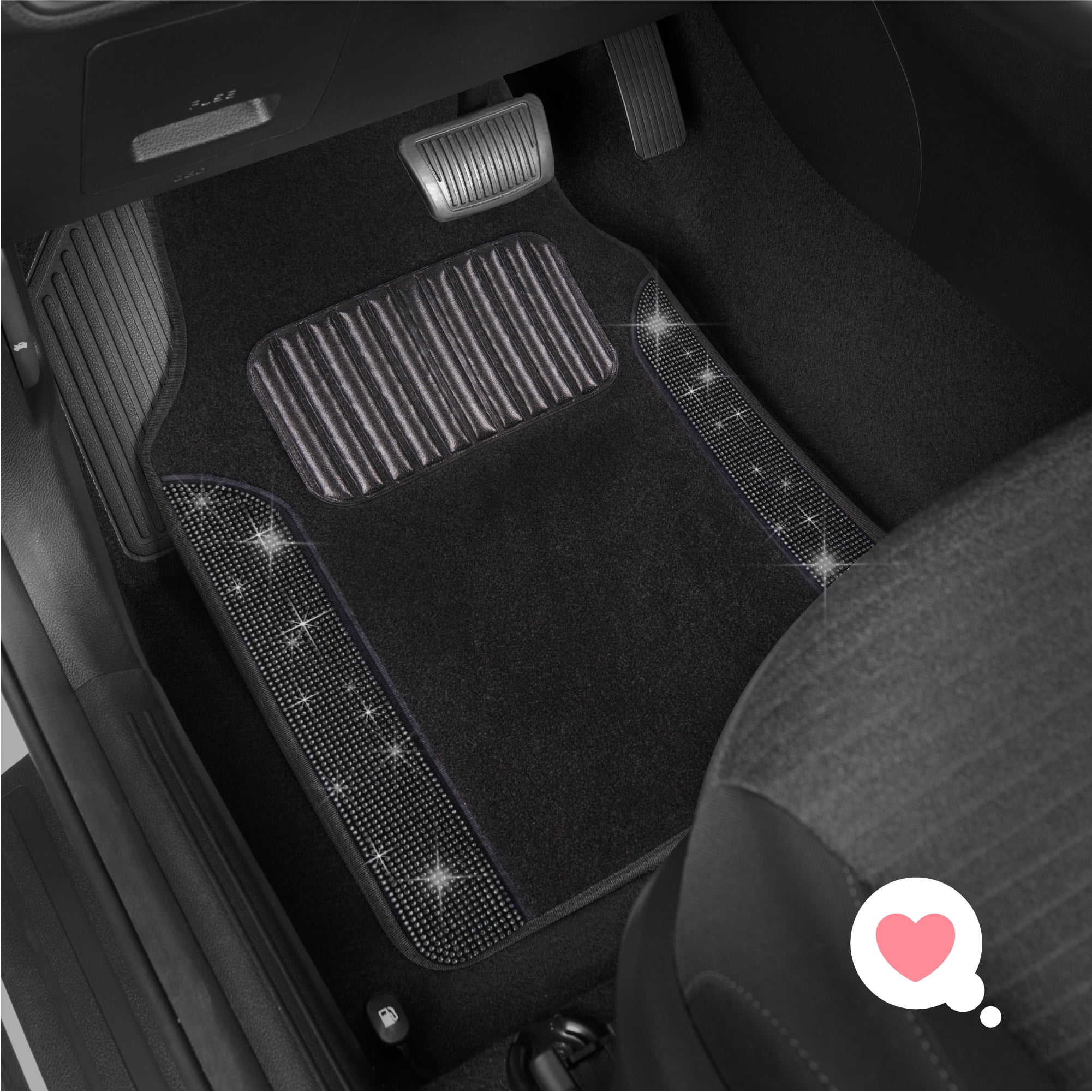 Carbella Diamond Bling Car Mats 4-Piece Set, Shiny Rhinestone Crystal Carpet Car Floor Mats, Two-Tone Floor Mats for Cars, Cute Automotive Interior Car Accessories for Women (Black)