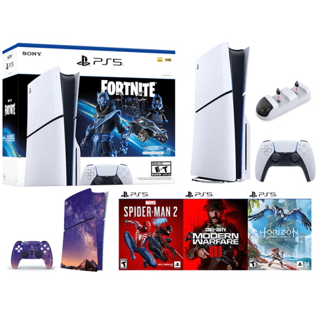 2024 Sony PlayStaton Gaming Bundle: PS 5_Disc Video Game Console with Fortnite Cobalt Star + Spider-Man 2 + Modern Warfare III + Horizon + Wireless Controller + Charging Dock + Console Skins