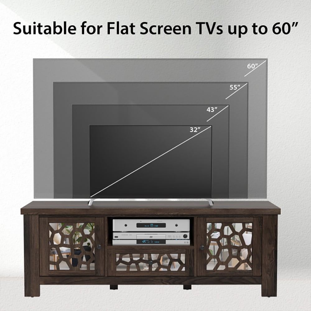 Finihen TV Stand, 55 Inch Retro TV Stand Media Entertainment Center with Mirror Doors and Drawer, for Living Room, Dark Brown