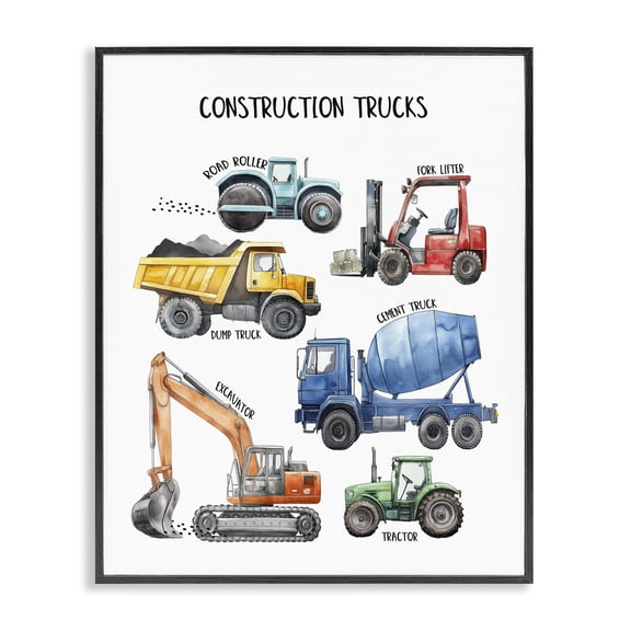 Construction Trucks Machinery Black Framed Giclee Art, design by Christine Simpson Art