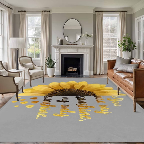 Yellow Sunflowers Area Rugs 5'x8', Washable Small Throw Rugs for Classroom Bedroom, Floral You Are My Sunshine Grey Quotes Indoor Outdoor Rug Non-Slip Low Pile Carpet Runner Reversible Floor Mats