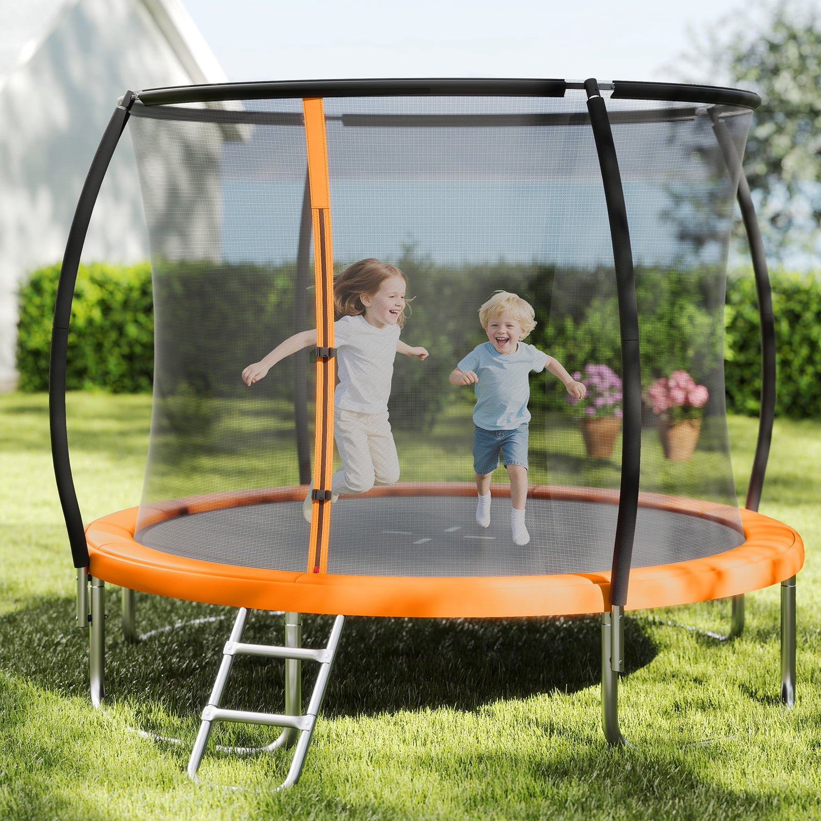 Gymax Outdoor Trampoline w/Safety Enclosure Net & Anti-Rust Galvanized Steel Frame Orange