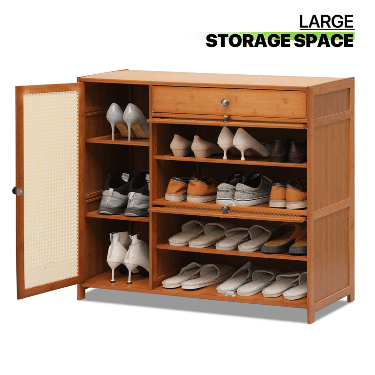 Natural Rattan Shoe Cabinet, 5-Tier Shoe Rack Storage Organizer with Doors,  Metal Legs, Entryway Shoe Cabinet for Modern Heels, Boots, Entrance Hallway  