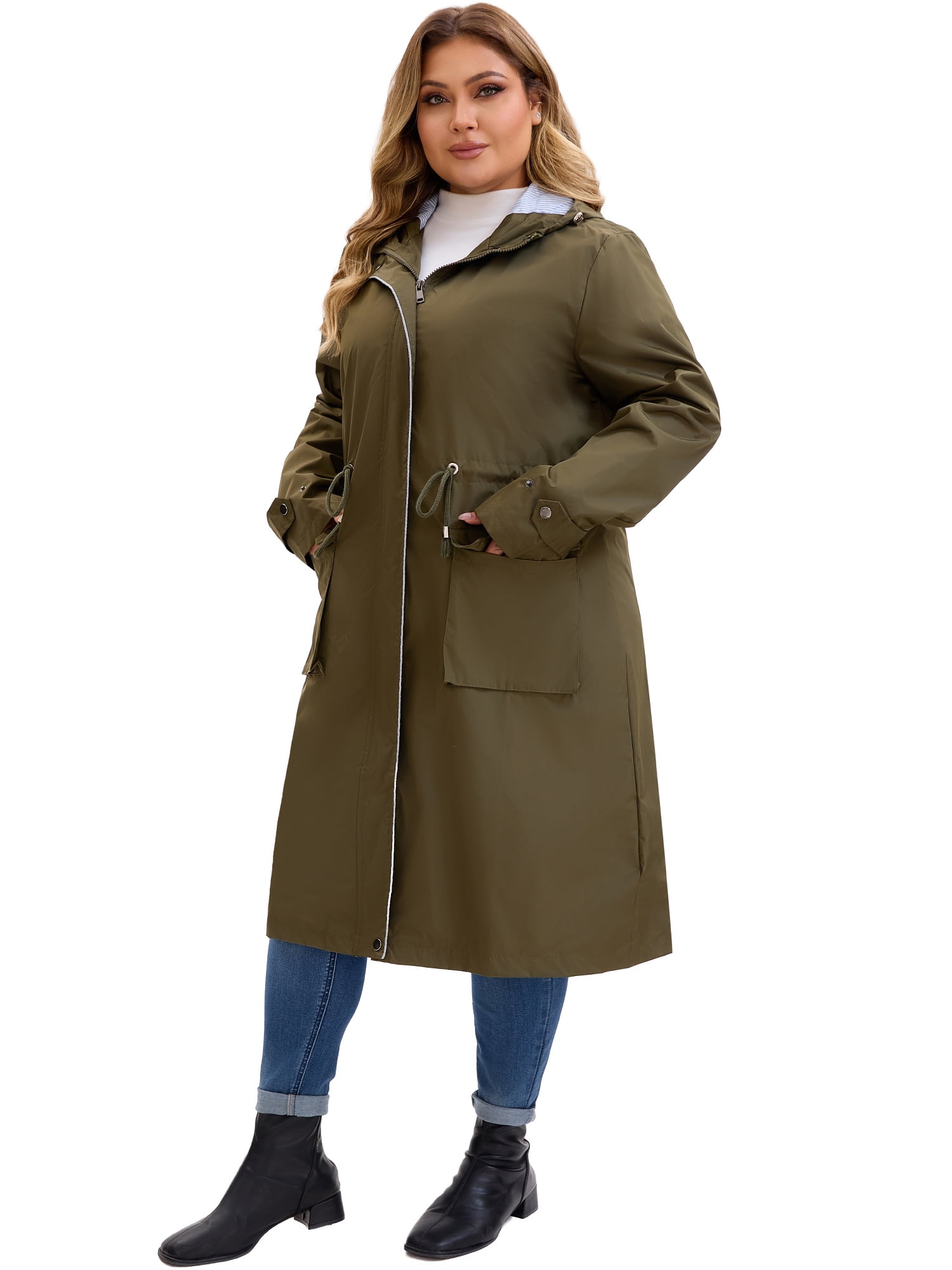 DARING DIVA Plus Size Hooded Long Drawstring Waist Zipper Jacket 3X Army Green