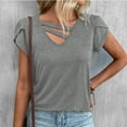 thumbnail image 4 of RYRJJ Womens Summer Petal Sleeve Tops Fashion Casual Loose Choker T-Shirts Short Sleeve V-Neck Cut Out Solid Color Tunic Tee Blouse(Gray,L), 4 of 4