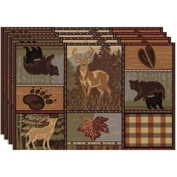 Retro Rustic Lodge Bears Placemats Set of 4, Vintage Cabin Farmhouse Country Style Place Mats, Heat Resistant Non Slip Cotton Linen Dining Table Mats for Home Kitchen 18x12 Inch