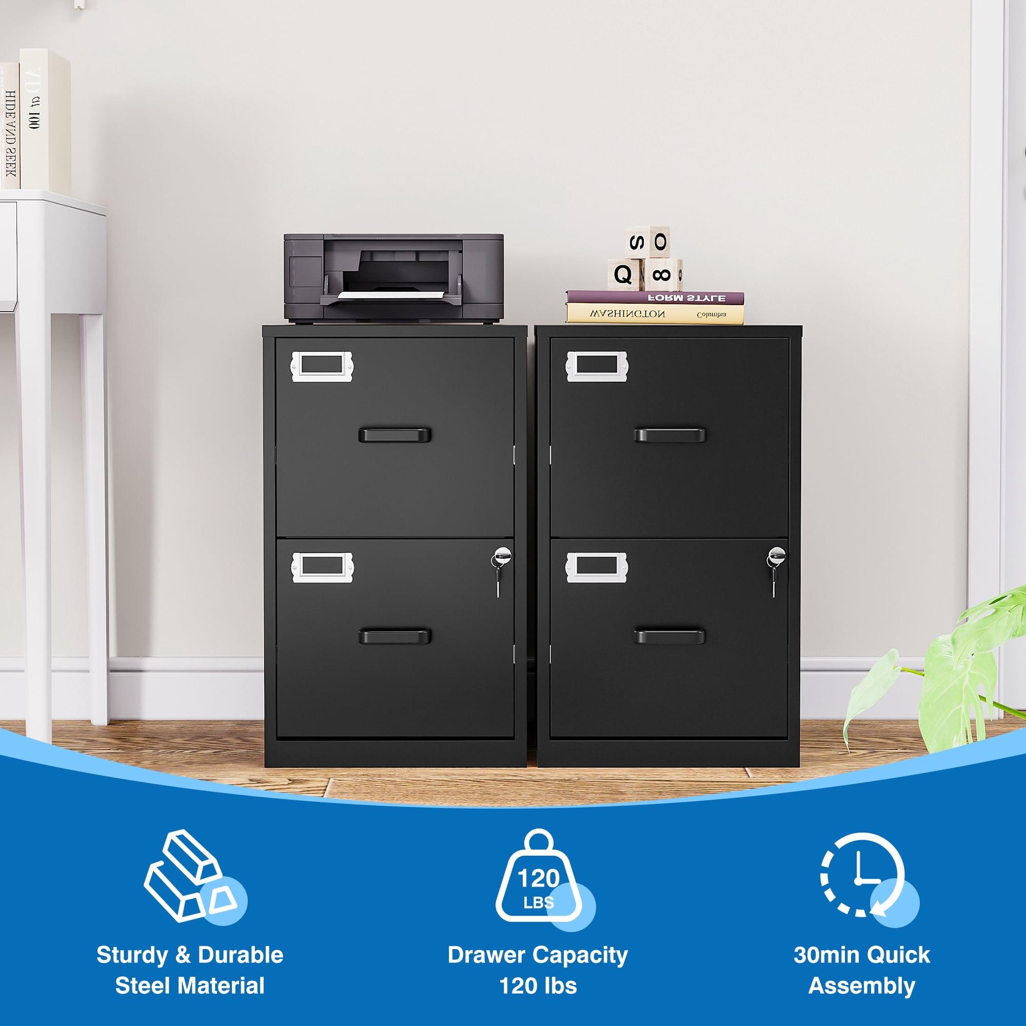 Fesbos 2 Drawer Metal File Cabinet with Lock, Steel Filing Cabinets for Home Office,Fits A4/F4/Letter, Easy Assemble (Black）