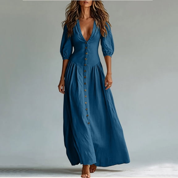 Guieoi Womens Dresses Fall Plus Size V-Neck Loose Casual Short-Sleeve Button-Down Dress Blue S