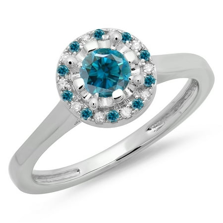 0.50 Carat (ctw) 10K White Gold Round Blue & White Diamond Ladies Bridal Halo Style Engagement Ring 1/2 CT