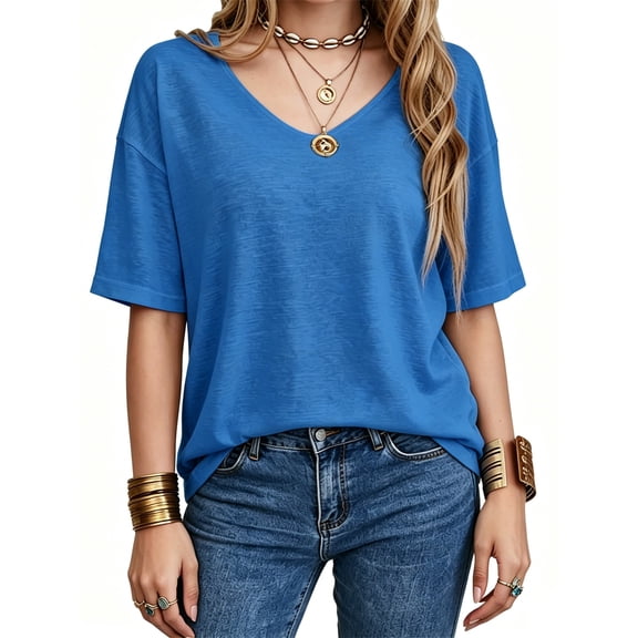 Summer Women's Casual Solid Color T-shirt Half Sleeved Simple V-neck Tee Tops