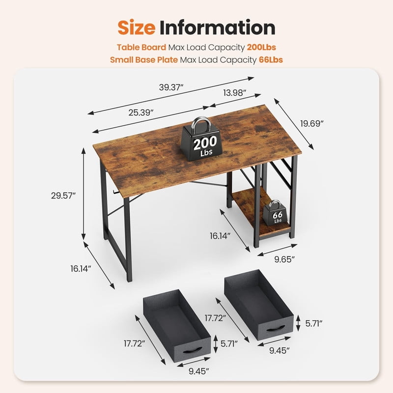 Kelno 40 Inch Computer Desk with 2 Fabric Drawers Home Office Work Table with Side Hook Adjustable Storage Shelf, Rustic Brown