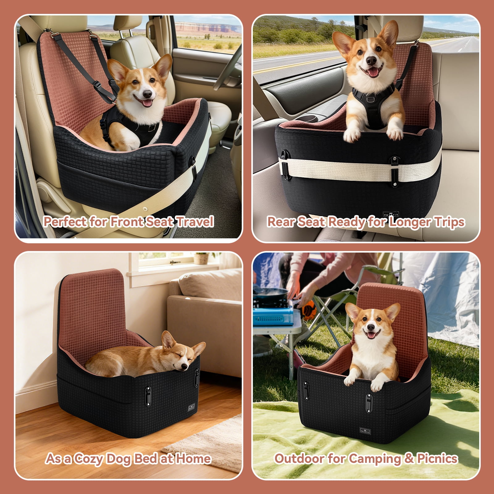 PETSFIT Dog Car Seat for Small/Medium Dogs Up to 35 lbs – Patented Safety System, 6" Memory Foam Pet Booster Car Seat, Fully Detachable and Washable (Black/Brown)