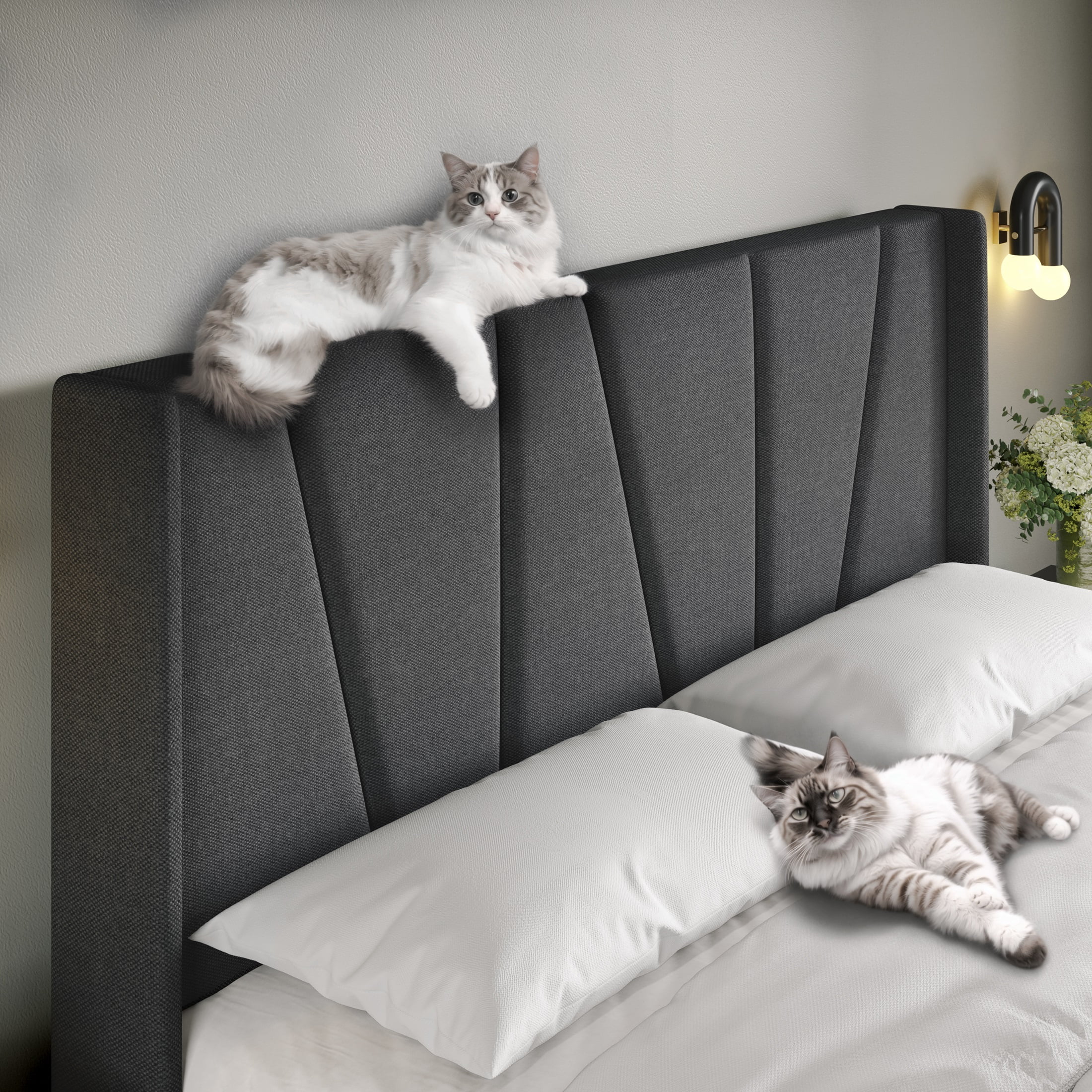Allewie King Bed Frame, Upholstered Platform Bed with Wingback and Geometric Headboard, Gray