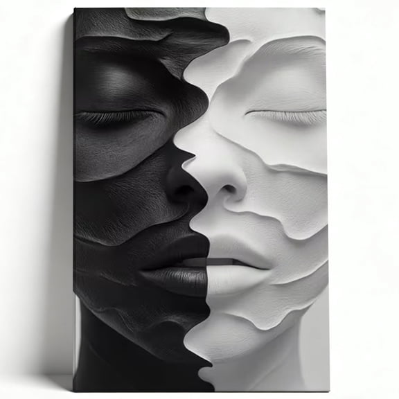 Abstract Yin Yang Face Canvas Wall Art Black and White Textured Painting Modern Textured Human Silhouette Living Room Bedroom Decor Print Ready to Hang 8*12