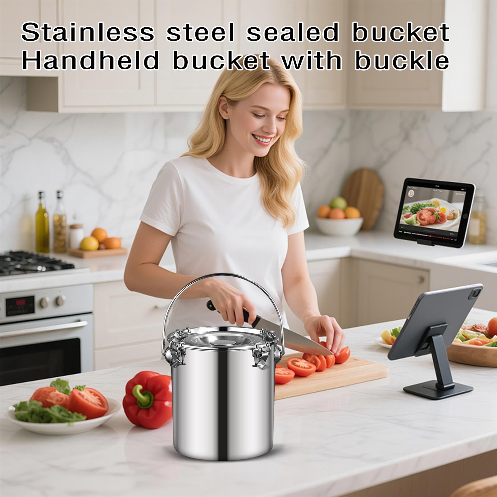 Food Storage Container, Stainless Steel Container, Kitchen Food Storage Container, BucketwithLidandHandle, 9.84in, 1 Pc, Reflective, Storage Pantry, Sealed Canister, Airtight