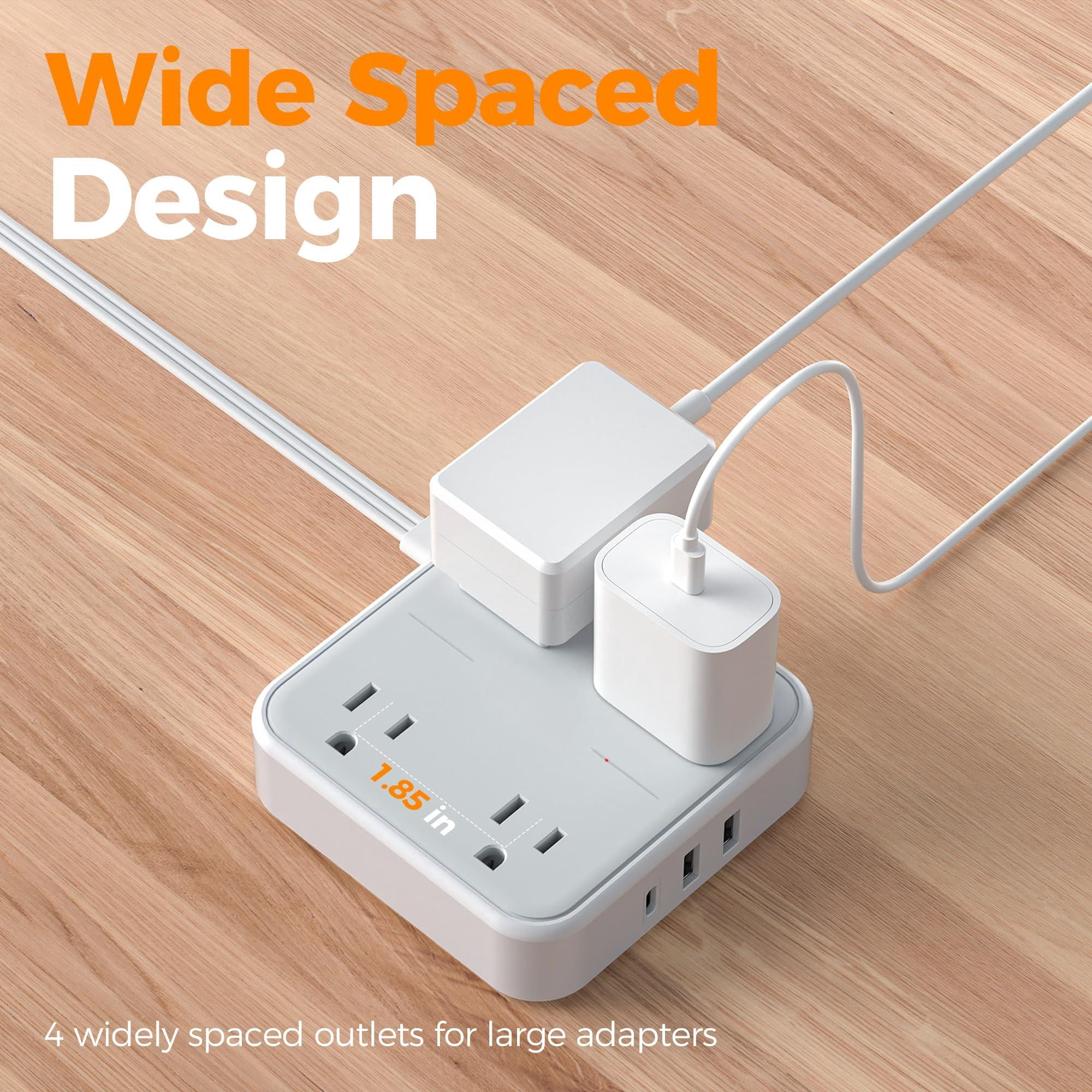 Surge Protector Flat Extension Cord 1ft  Ring Plug Power Strip With 4 Outlets 3 Usb Ports (1 C) 900 Joules Protection Multiple Wall Outlet Extender Suitable For Home Office Dorm Grey