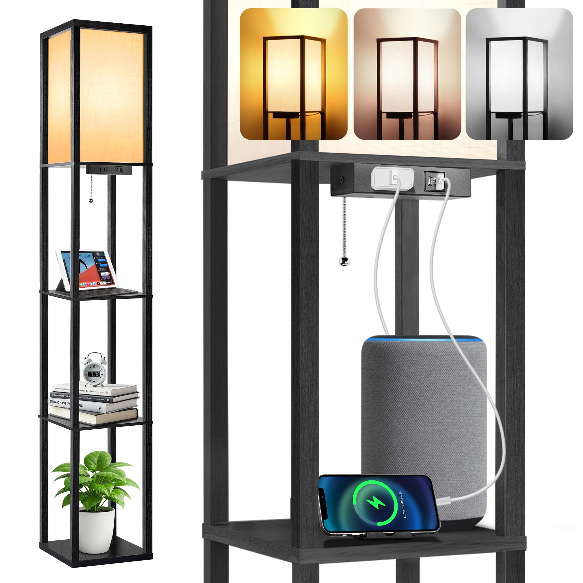 OUTON Floor Lamp with Shelves, Standing Lamp with USB & Type C & Power Outlet, 3 Color Temperature with Linenshade for Living Room, Bedroom, Black