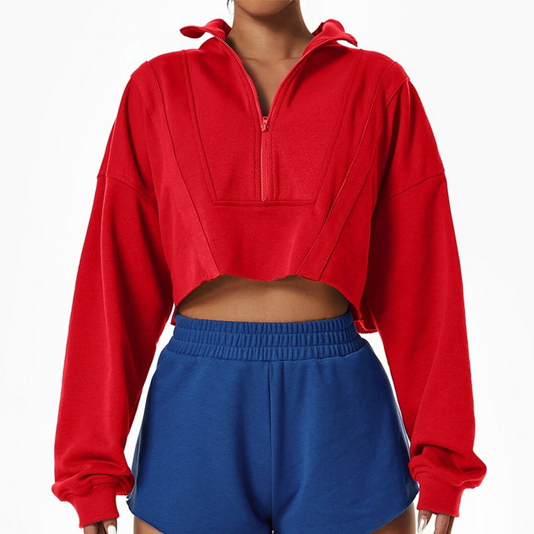 RQYYD Women\'s Quarter 1/4 Zipper Collar Cropped Sweatshirt Long Sleeve Half  Zip Up Crop Top Pullover Jogger Red S