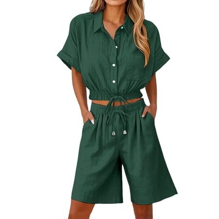 Htigea Women s Button Down Cropped Tops and Drawstring High Waist Shorts Casual Trendy 2 Piece Sets Summer Outfits Green XXL