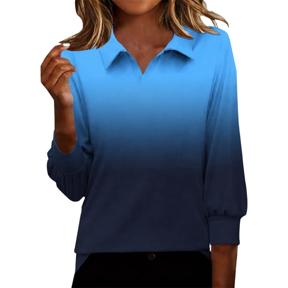 qucoqpe Womens Tops 2026 3/4 Sleeve Dressy Casual Lapel Shirts Trendy Gradient Tunic Business Work Blouses