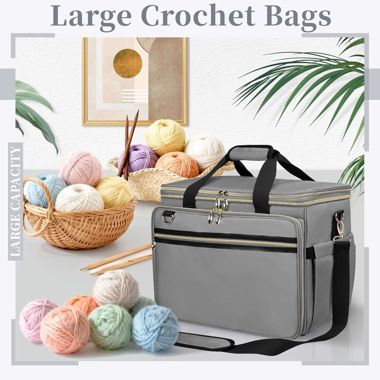 Large Crochet Bag with Clear Top Lid, Unfinished Project Compartment, Yarn Storage Tote with 6 Yarn Holes for Knitting Needles and Crochet Hooks, Purple