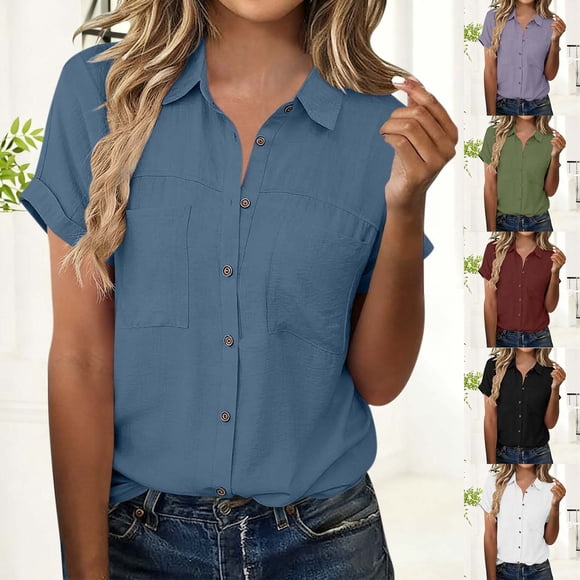 Jacenvly Hauts pour Femmes Liquidation Chemisiers Unis à Double Poche Manches Courtes Boutonnés Col Rabattu Haut Décontracté et Tendance Hauts pour Femmes Soldes