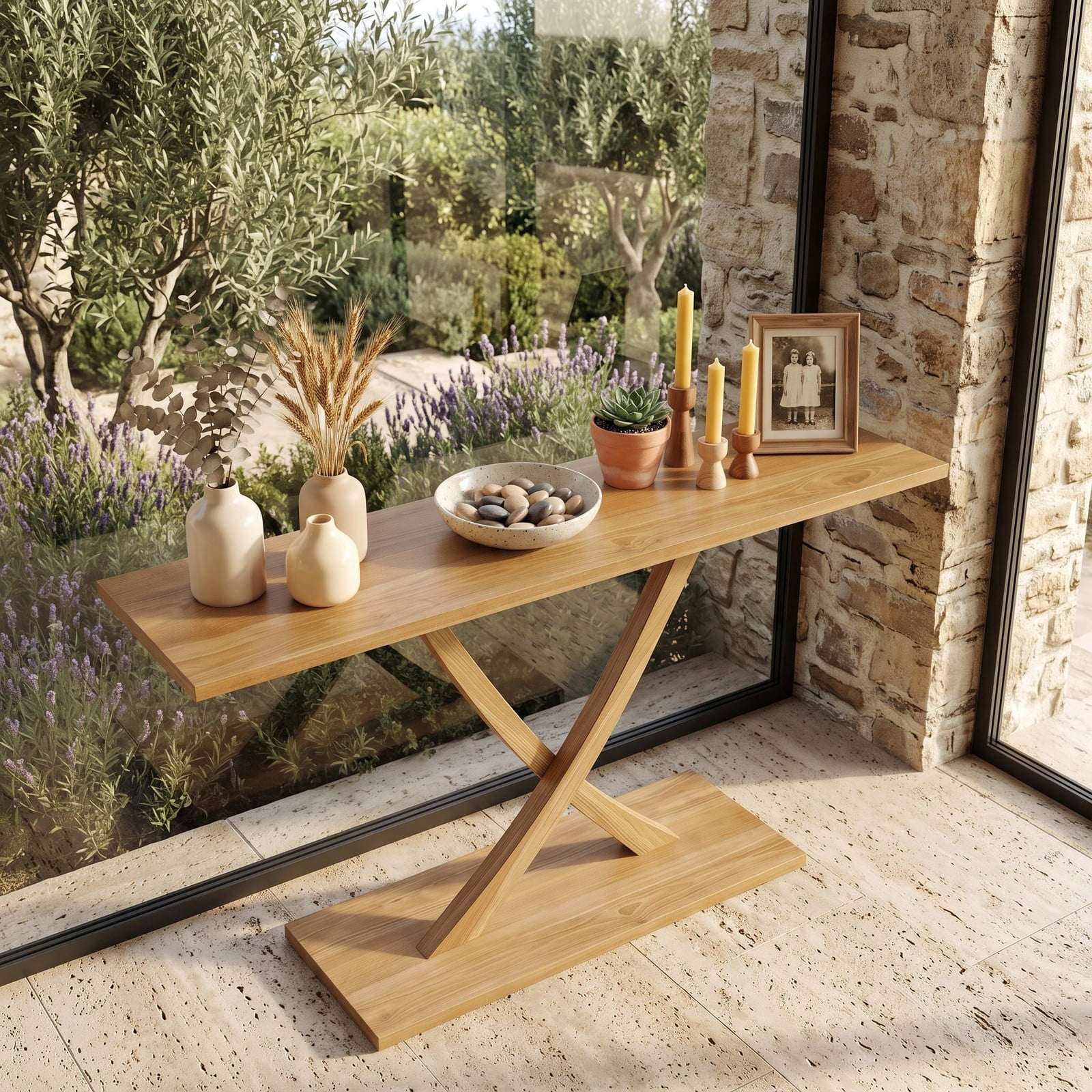 Furnibear 57 Inch Solid Wood Console Table with Teak Wood Frame and Geometric X-Shaped Base for Living Room and Entryway, Natural