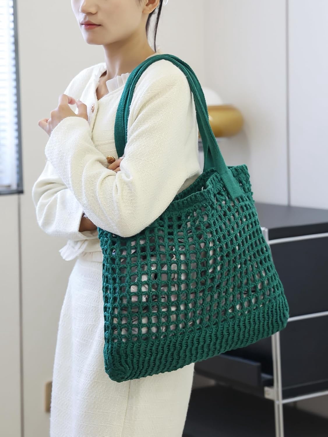 CAILDANL Women's Beach Tote Bag, Crochet Knit Hollow Design, Stylish Tote for Beach,Travel and Everyday Use Aesthetic Handbag