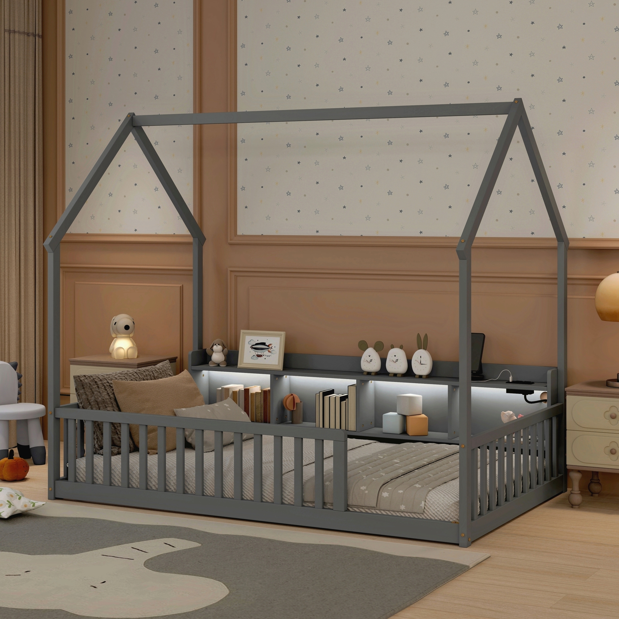 Leumius Twin Size House Floor Bed with Storage Shelves,Built-in LED Lights & Charging Station,Pine Wood Floor Bed Frame with Safety Guardrails for Kids Bedroom Grey