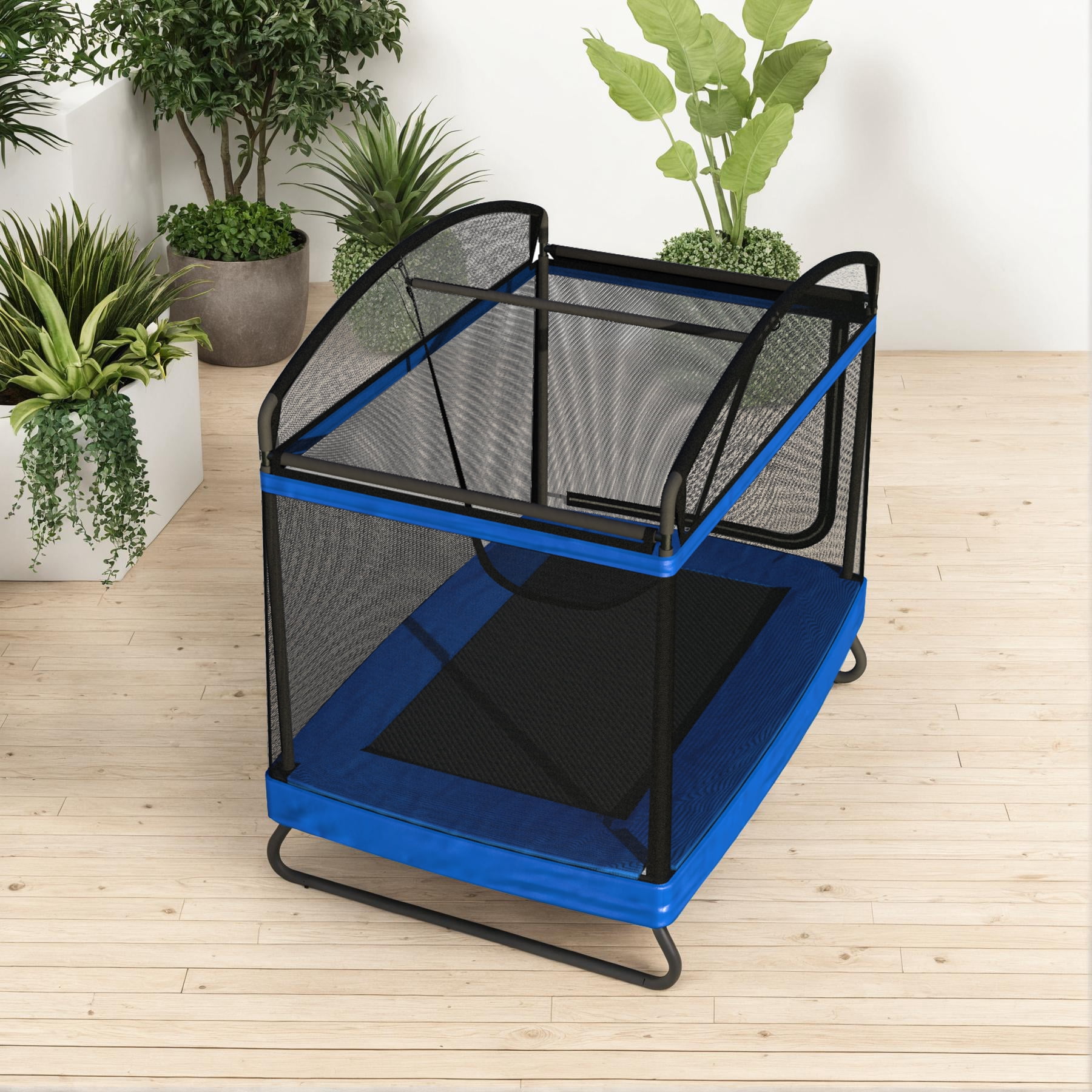 Witaxima 4x6ft Outdoor Square Trampoline for Kids & Adults, Rectangular Bounce Trampoline with Safety Net & Swing, 220LB Capacity, Black+Blue