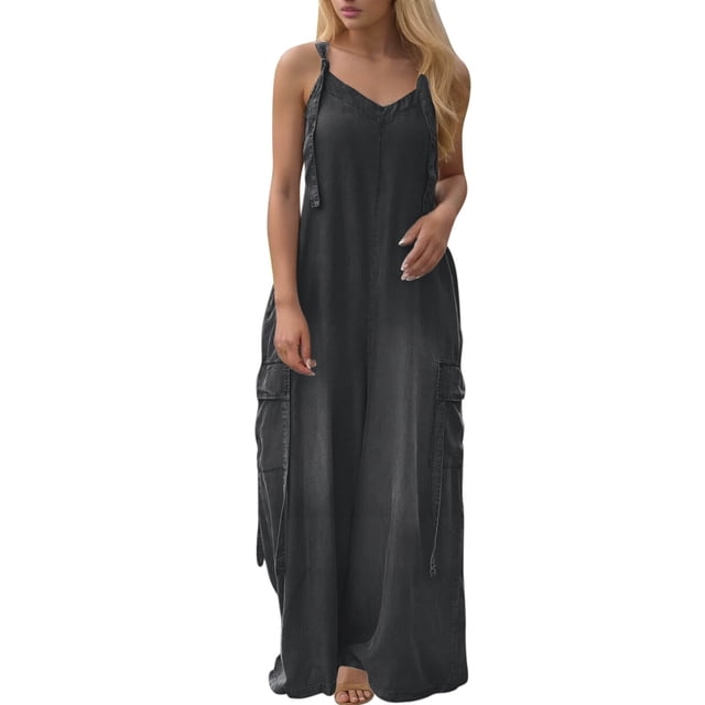 TINZ Womens Jumpsuits Overalls Button V Neck Sleeveless Wide Leg Long Pant Solid Color Rompers With Pockets Long Sleeve Turtle Neck plus Size Jumpsuit for Women