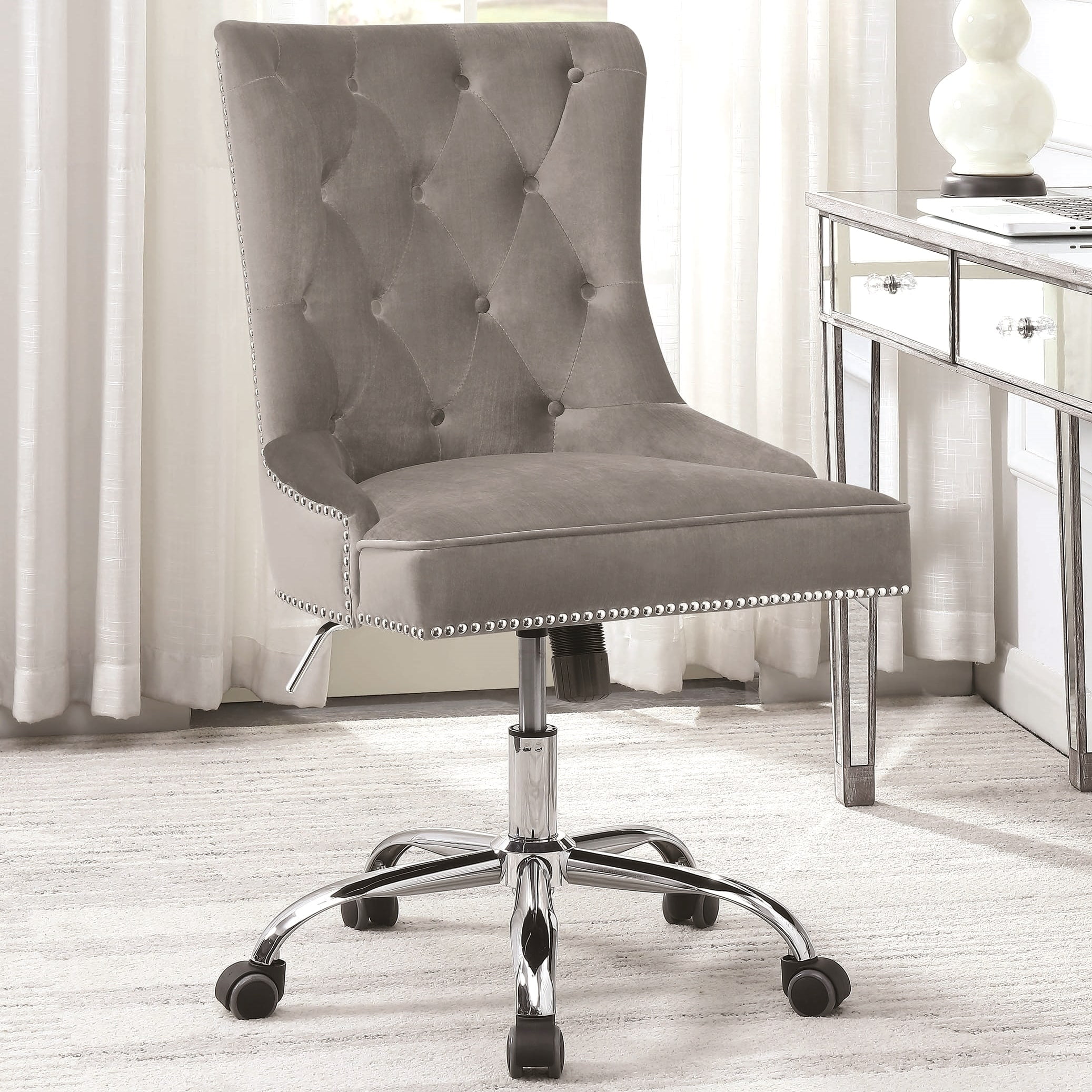 A Line Furniture Button Tufted Design Grey Velvet Swivel Adjustable