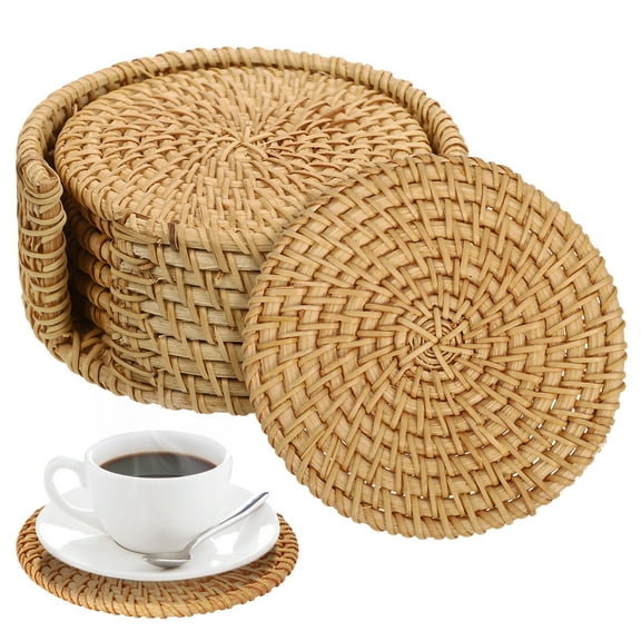 HERFIER 1 Set Rattan Coasters Home Cup Coasters Boho Coasters Woven Coasters Coffee Table Coasters with Holder 3.93x3.93x2.04in