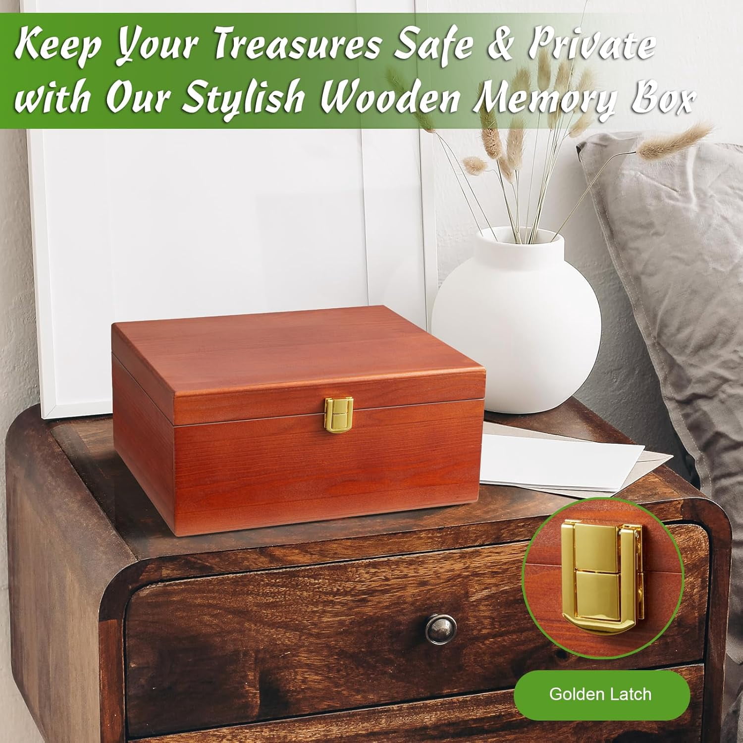 Wooden Keepsake Box, Large Acacia Storage Box with a Hinged Lid, Memory treasure box for Crafts and Photo Storage