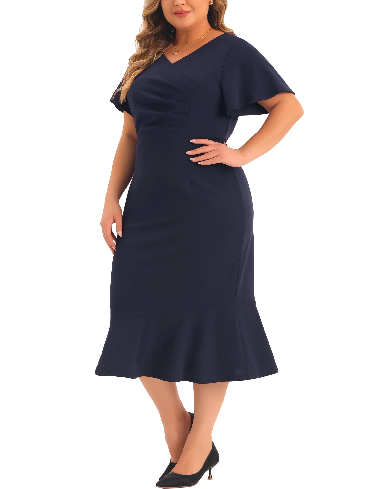 DARING DIVA Women's Plus Size V Neck Ruffled Short Sleeves Dress 1X Navy Blue