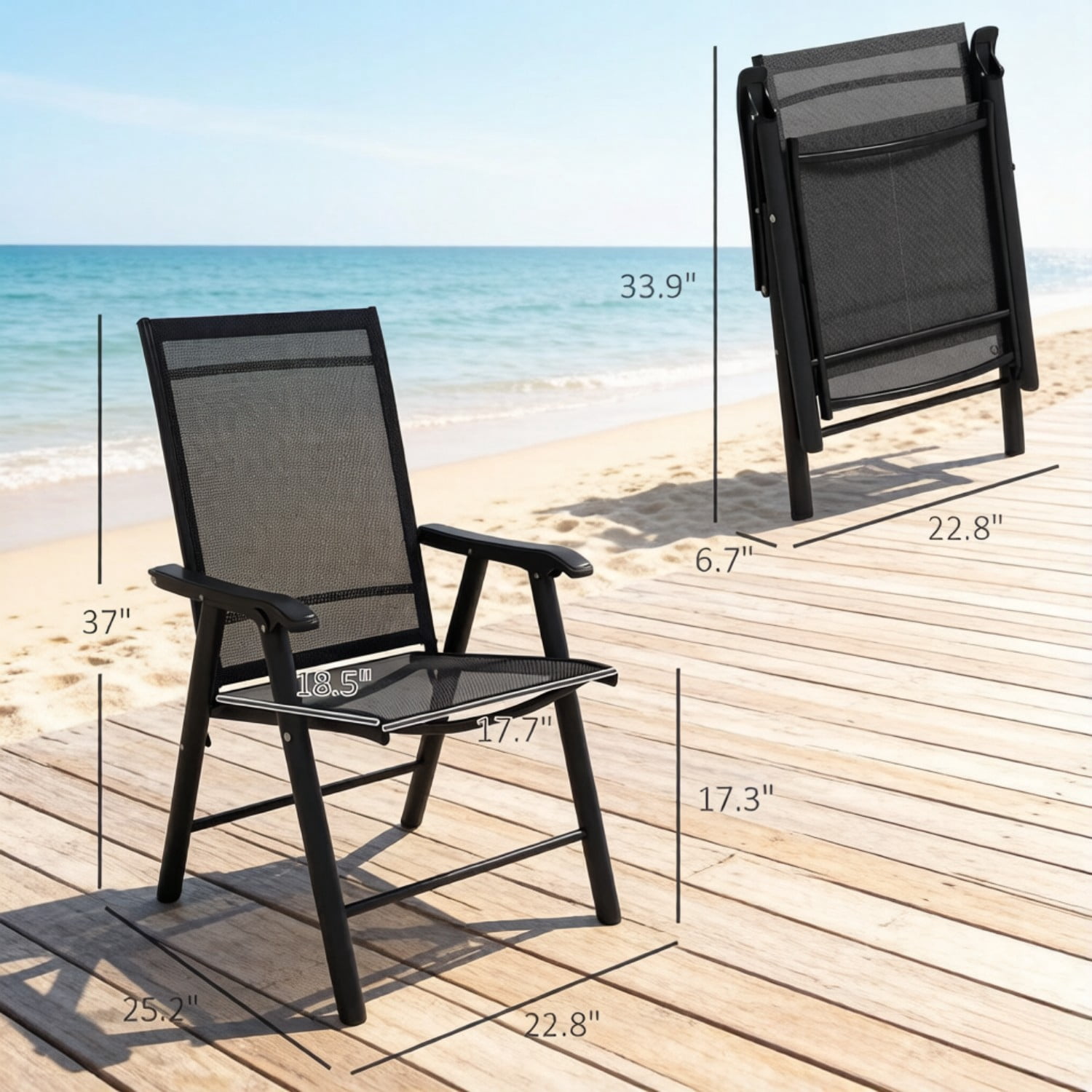 Outdoor Folding Chairs Set of 4, Portable Lawn Chairs with Breathable Sling Mesh, Powder-Coated Steel Frame, Armrests for Camping, Patio, Beach, Events, Black