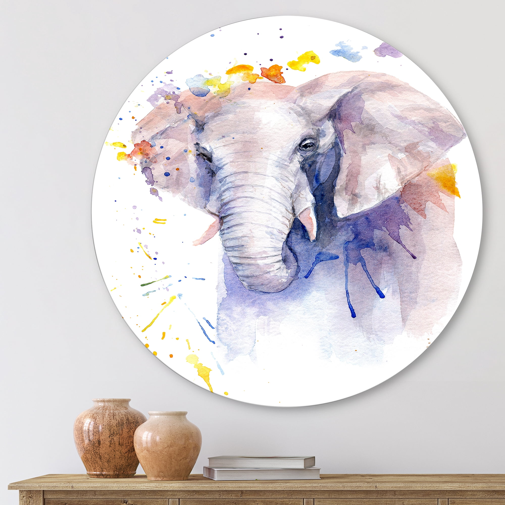 Designart 'Portrait of An Elephant Yellow and Blue Strokes' Farmhouse Circle Metal Wall Art 11x11 - Disc of 11