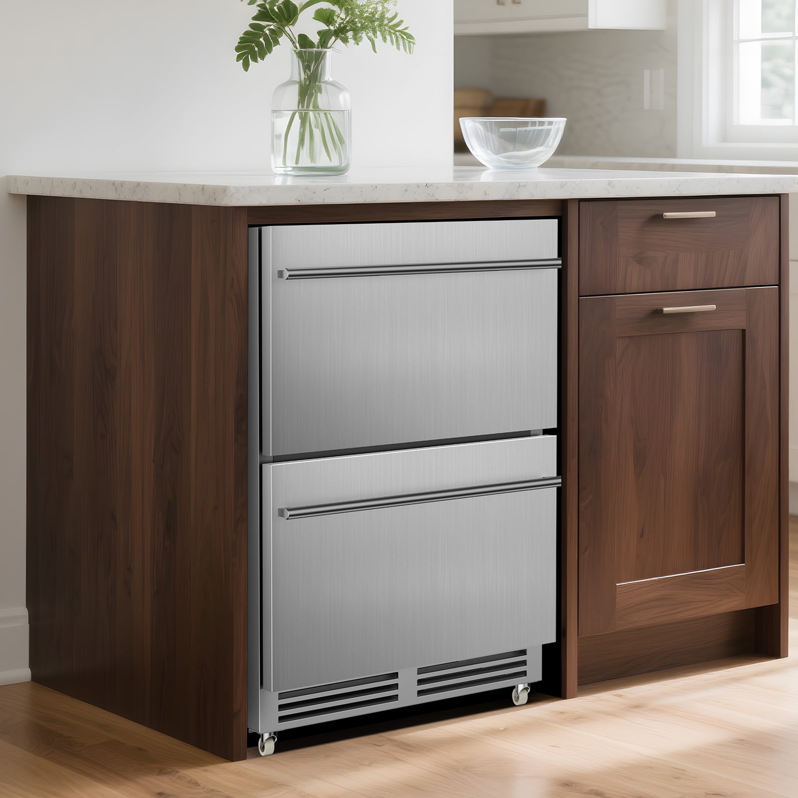 TITTLA 24 Inch Under Counter Dual Drawer Beverage Fridge with Wheels,Freestanding Or Built-In for Patio, Stainless Steel Weather-Proof, Ideal for Home and Commercial Use,Silver