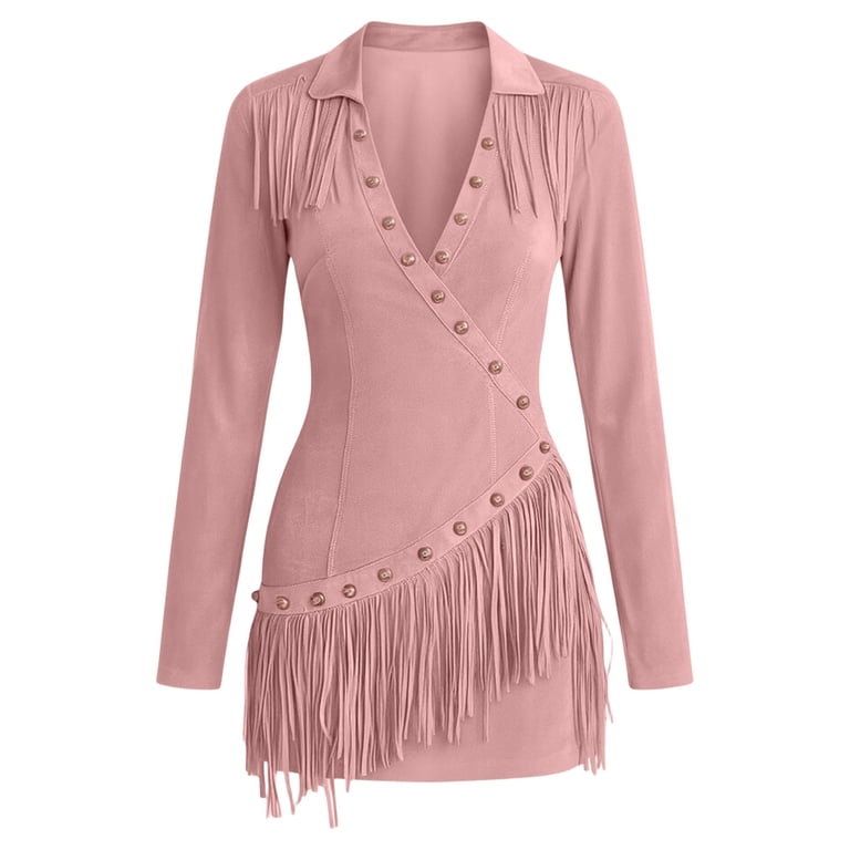 long sleeve suede bodycon dress Women Western Fringe Mini Dress, Lapel V‑Neck Suede‑Texture With Metal Rivet Decor, Asymmetric Tassel Hem Party Nightclub Outfit Pink,L Bodycon midi dress