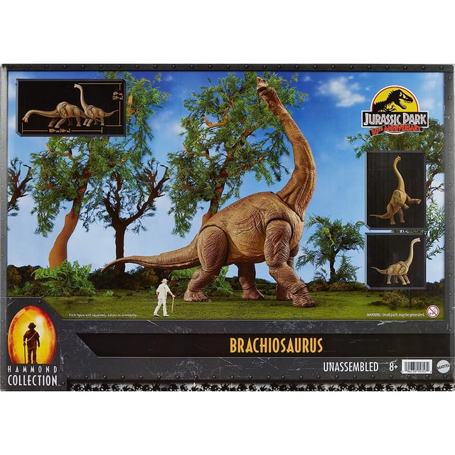 figura de acción de jurassic world mattel colección jurassic park hammond dinosaurio brachiosaurus juguete coleccionable 30.º aniversario — caja frontal con Brachiosaurus marrón de más de 32 in en pose de cuello elevado; se aprecia textura de piel detallada, patas multiarticuladas, cuello y mandíbula posables, decoración de empaque con logo 30.º aniversario y sello Hammond Collection; adecuada para exhibición en estanterías de coleccionista.