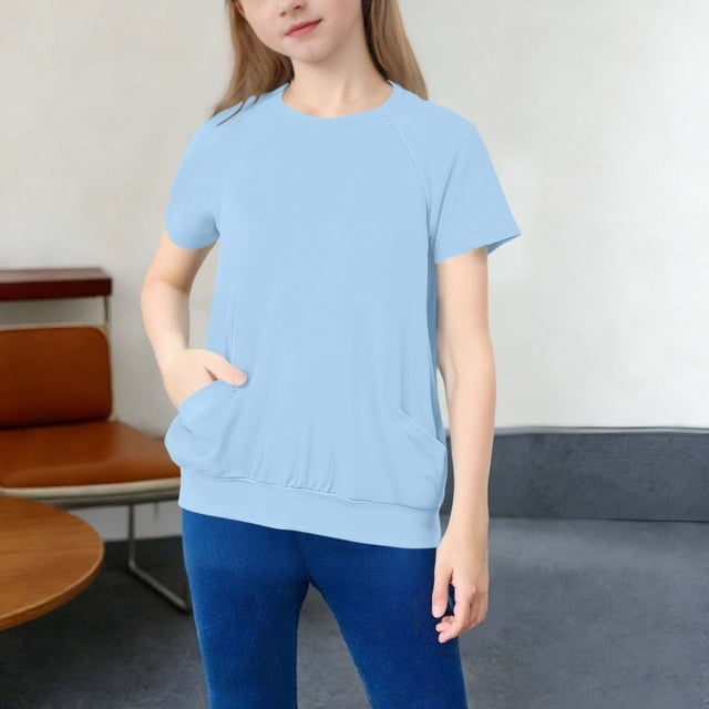 Sudadera con capucha de color liso con doble bolsillo para niñas, blusa informal de poliéster, talla mediana a grande, para verano