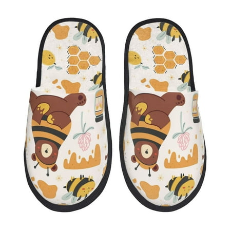 Balery Cute Bee Honey Jar Hive Bear Slient Indoor Furry Fleece Comfort House Shoes Soft Non-Slip Home Shoes Cotton slippers House Slippers-- Medium