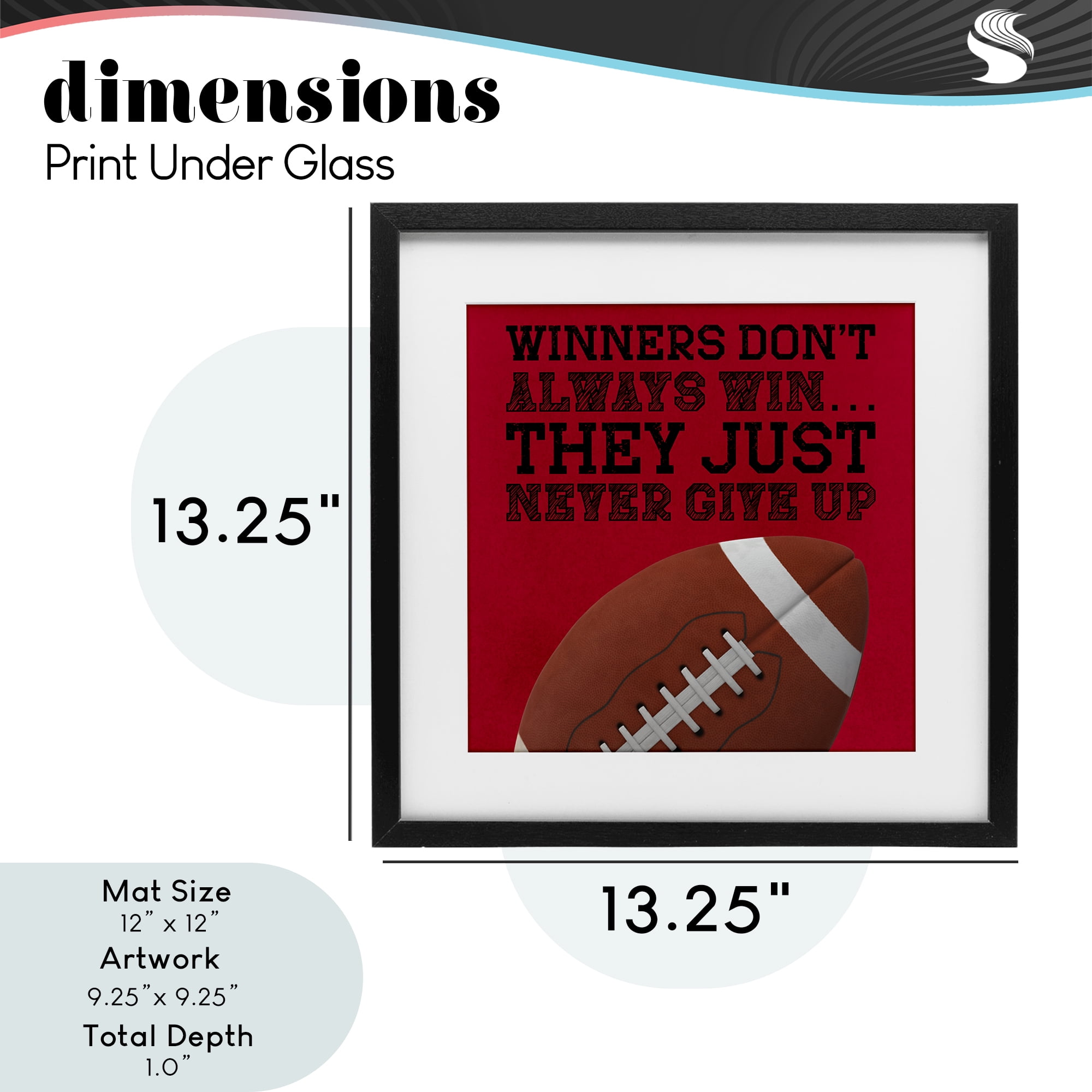 Winners Never Give Up Black Framed Print Under Glass, design by Marcus Prime