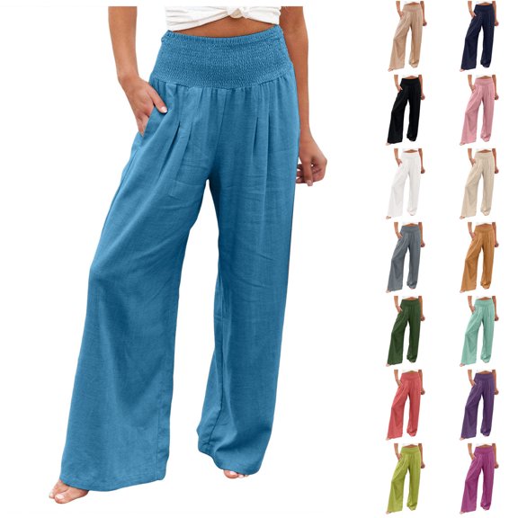 felwors Women Linen Palazzo Pants Summer Boho Wide Leg High Waist Casual Lounge Pant 2026 Beach Travel Vacation Outfits (Pink, S)
