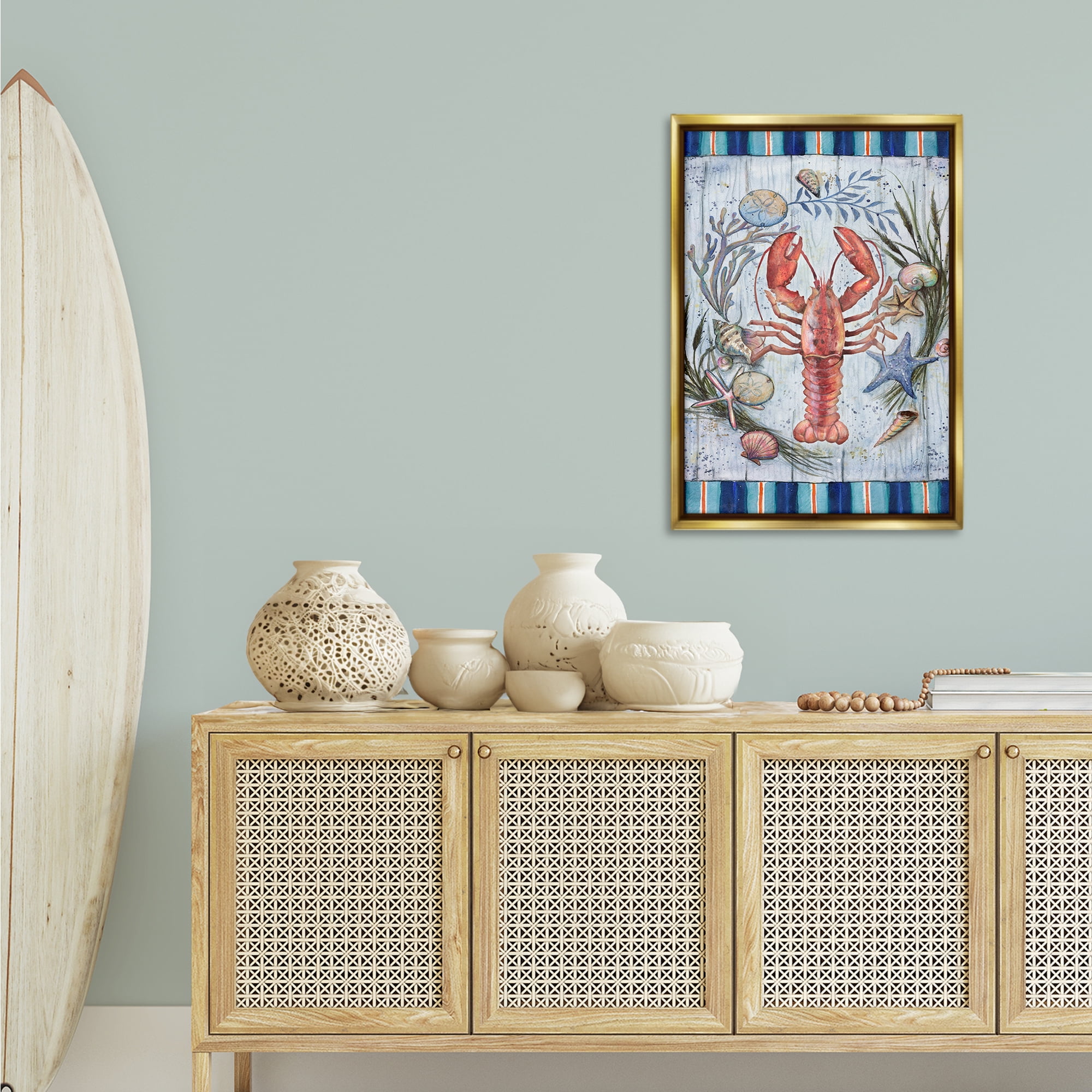 Stupell Industries Coastal Wreath & Lobster Nautical & Beach Painting Gold Floater Framed Canvas Art Print Wall Art, 21 x 31