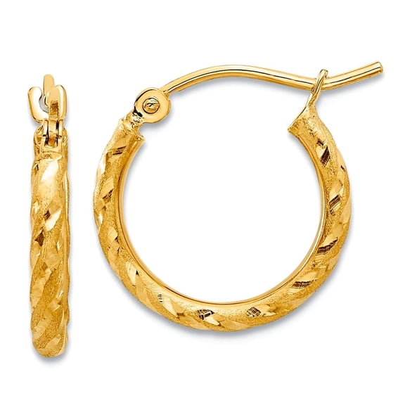 14k Solid Yellow Gold Polished and Satin Sparkle-Cut 2.00mm Hoop Earrings 17.25x14.75mm Wide 2mm Thick Hoop Earring for